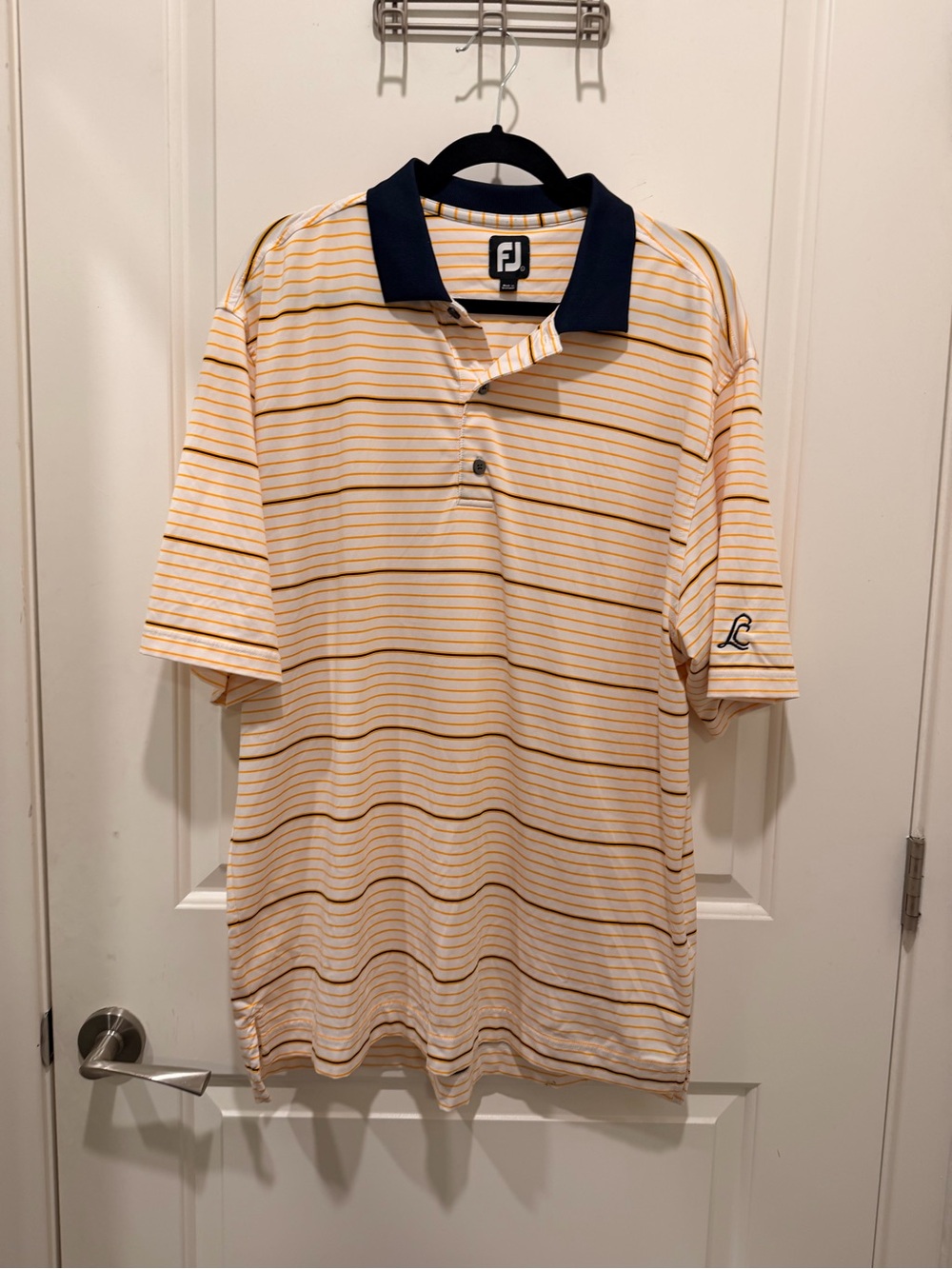 FootJoy Striped Golf Polo Size L Yellow White Navy Blue Shirt